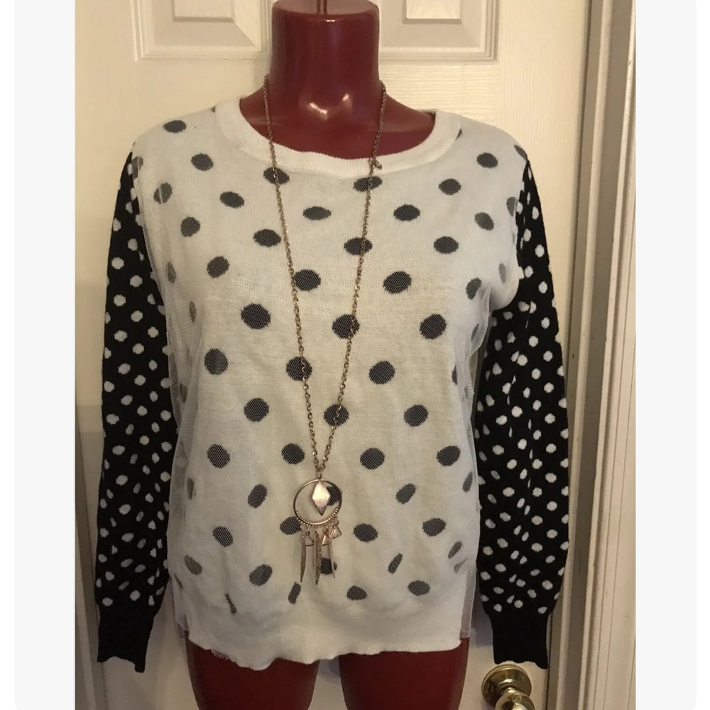 NEW WITH TAGS -KLING POLKA DOT MESH OVERLAY SWEATER - SIZE 2 -BLACK/WHITE